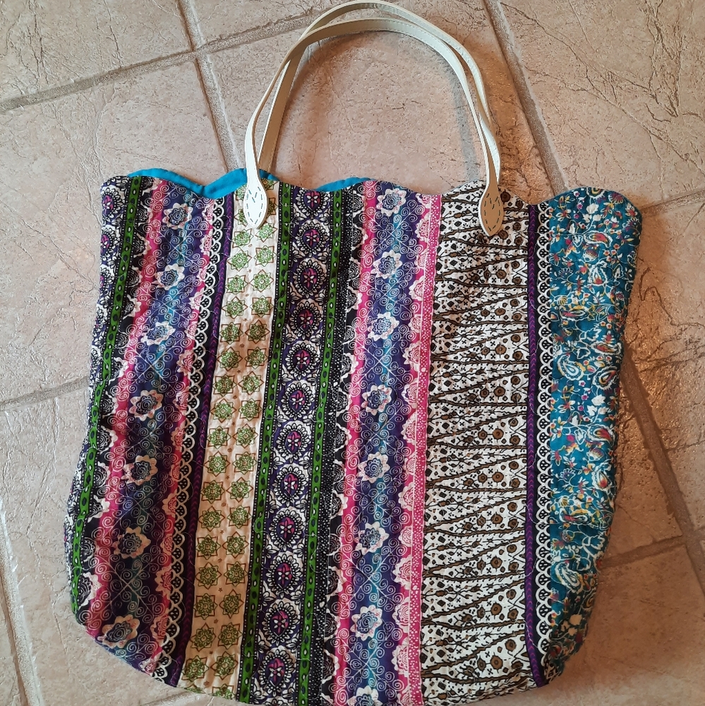 Quilted boho tote bag handmade bright pattern large